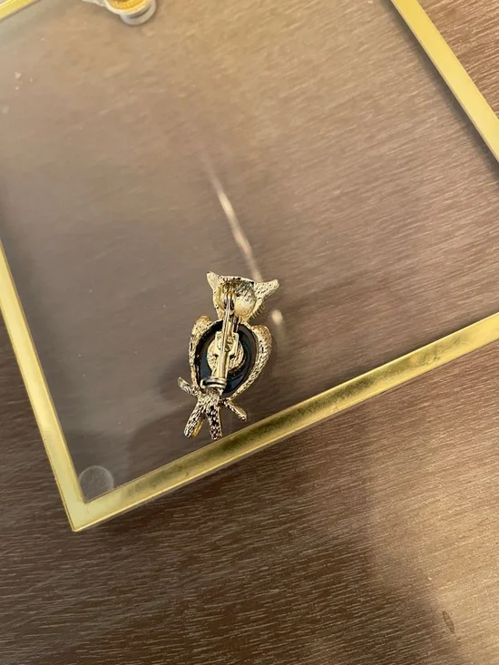 Artisan Gold-Tone Owl Brooch with Deep Blue Cabochons - Picture 3 of 7